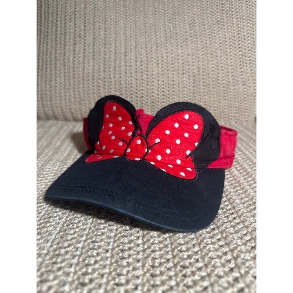 Disney Parks Accessories - Disney Parks Minnie Mouse Red & Black Polka Dot Bow Visor Adult Size Adj Strap